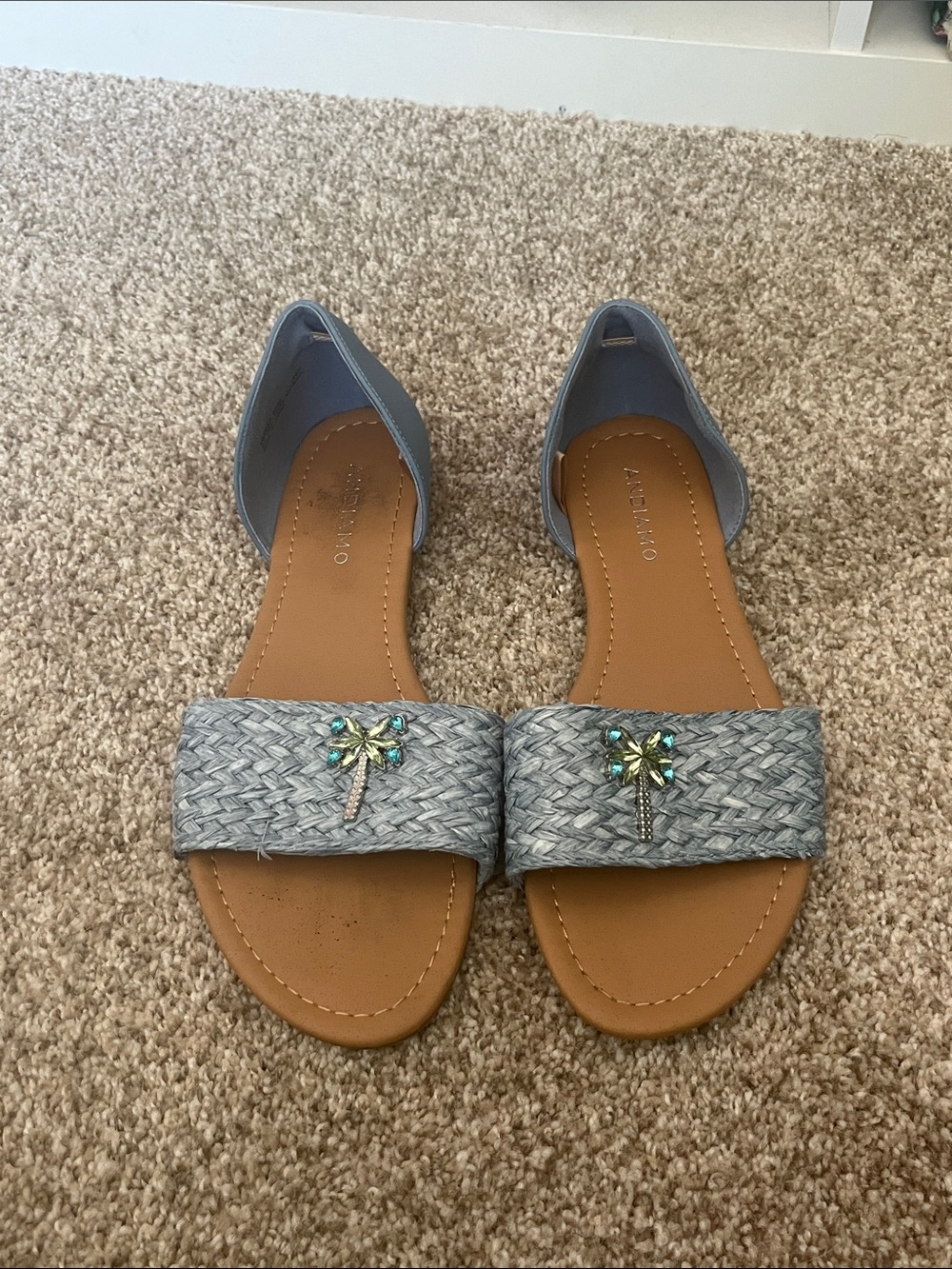 Light Blue Braided Palm-Embellished Women's Flat Sandals